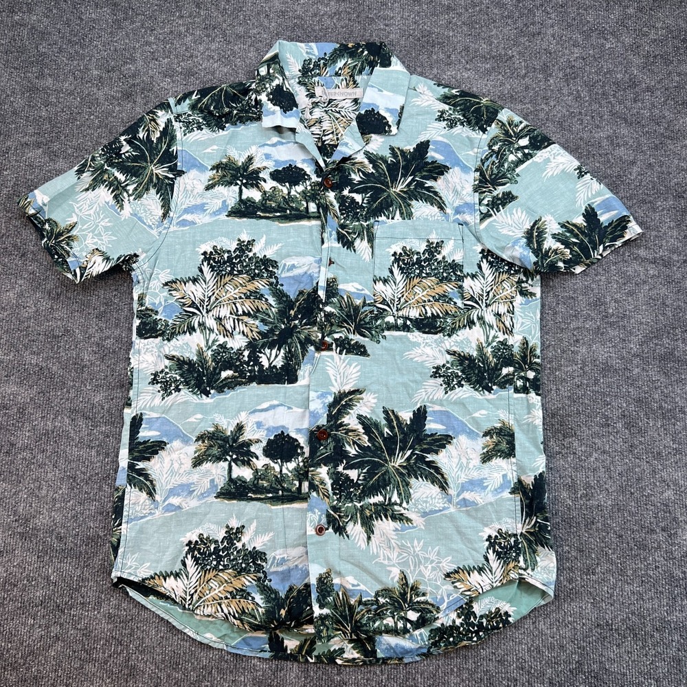 Outerknown Shirt Mens M Blue Beach Palm Button Up Organic Cotton Hemp Casual